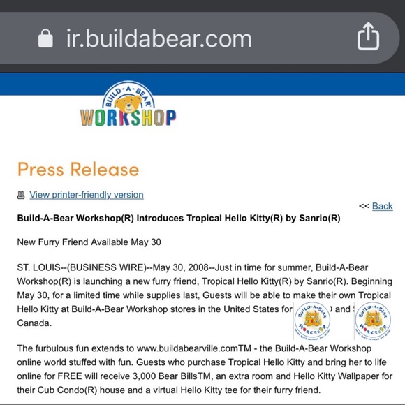 NEW RARE Limited Ed. 2008 Sanrio Build-A-Bear Workshop Tropical Hello Kitty NWOT - Picture 8 of 10